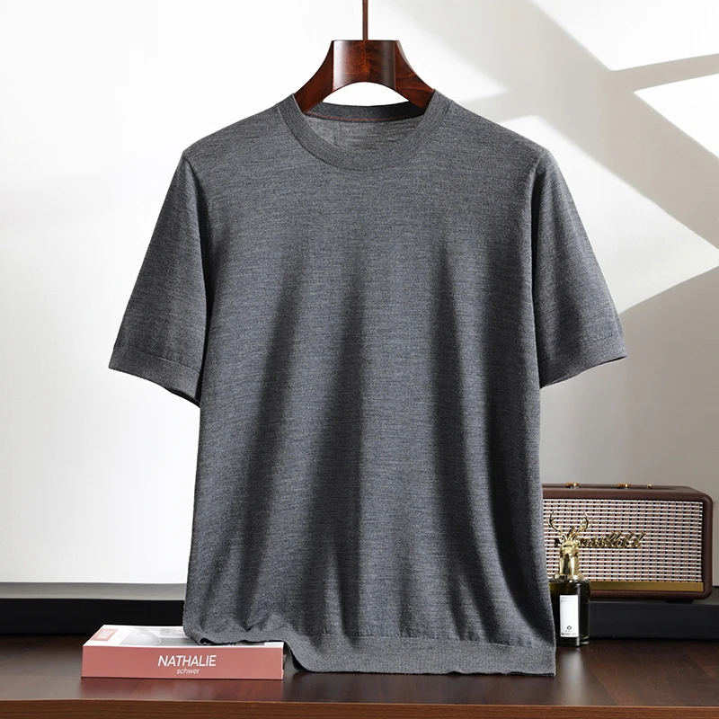 精仿羊毛修身休闲短袖男士圆领18针细针织可机洗纯色t恤夏季上衣