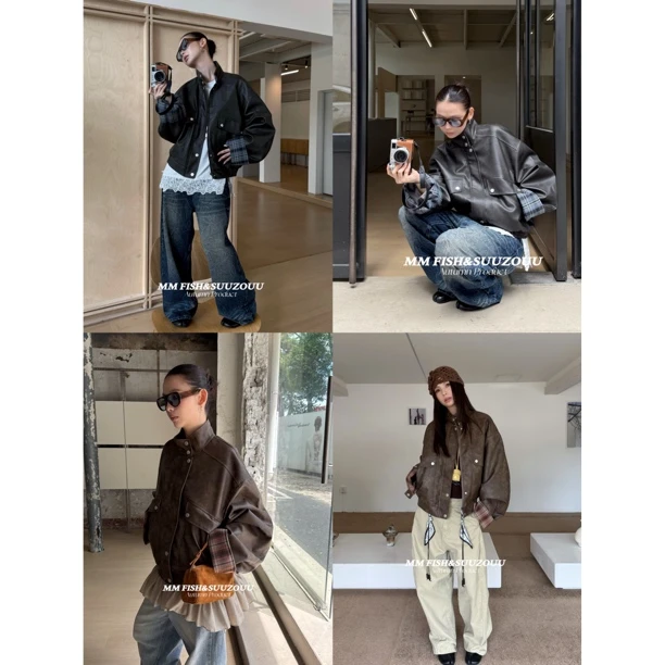 【NO退NO换】馒头（1mtw487#）袖口格子拼接！大口袋短款皮衣外套 10-8