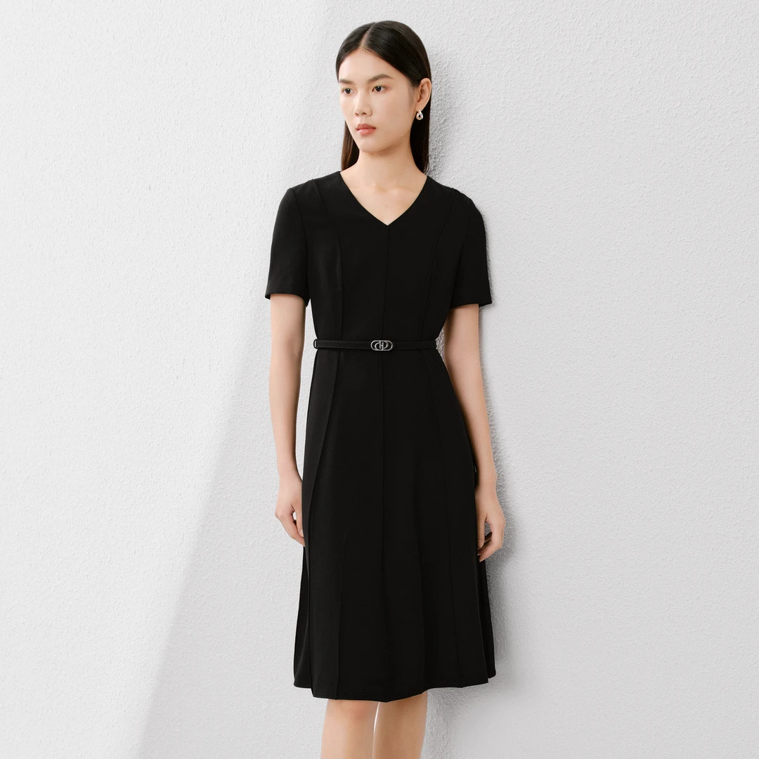 春夏款极简通勤v领短袖收腰显瘦法式连衣裙