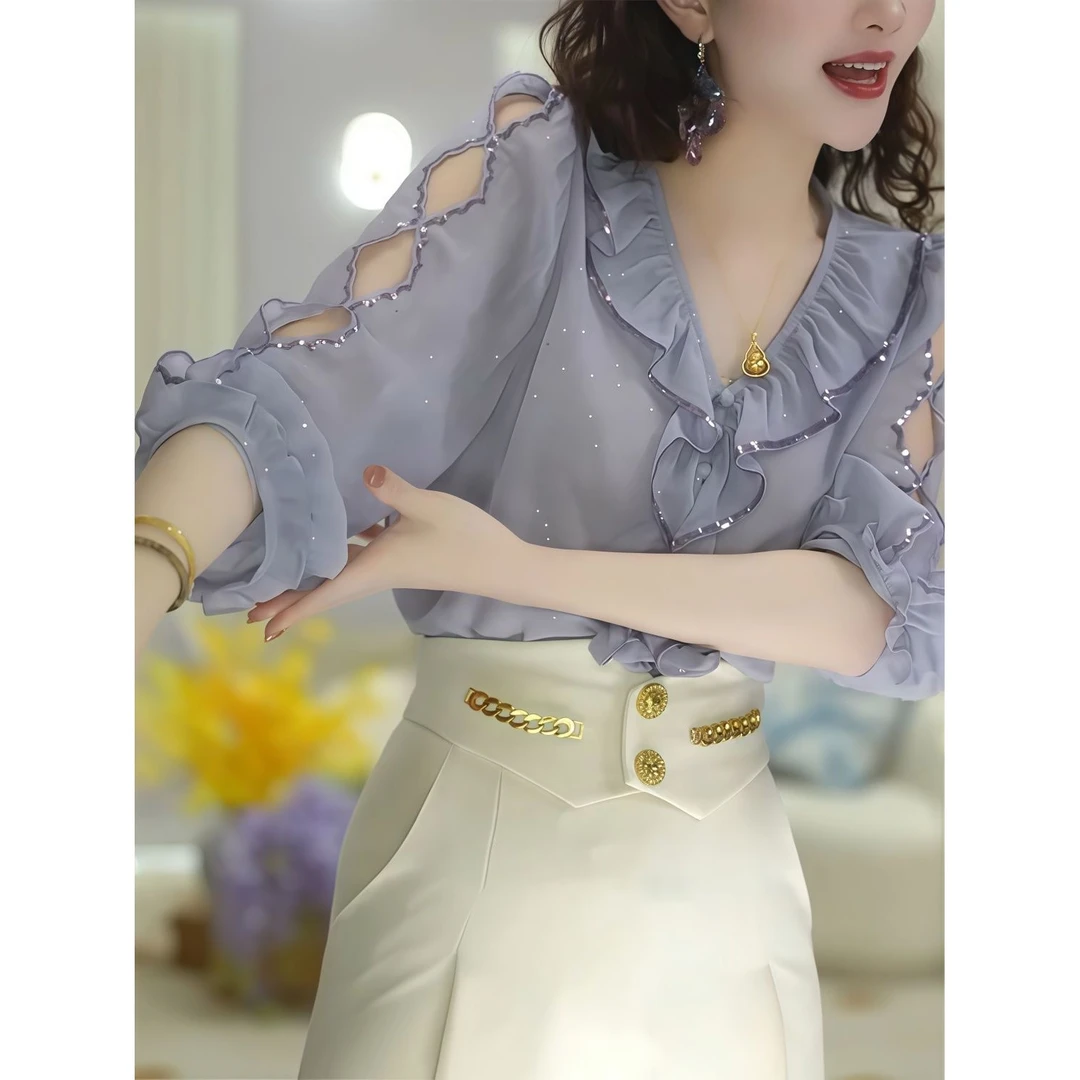 轻奢法式高端洋气新款2025年夏季大码荷叶边拼接花瓣袖微透衬衫女