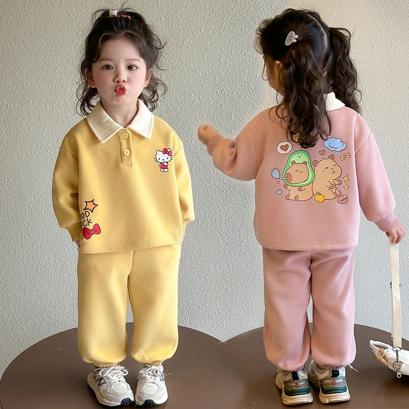 女童polo领卡通卫衣套装洋气儿童春秋装新款网红女宝宝休闲两件套