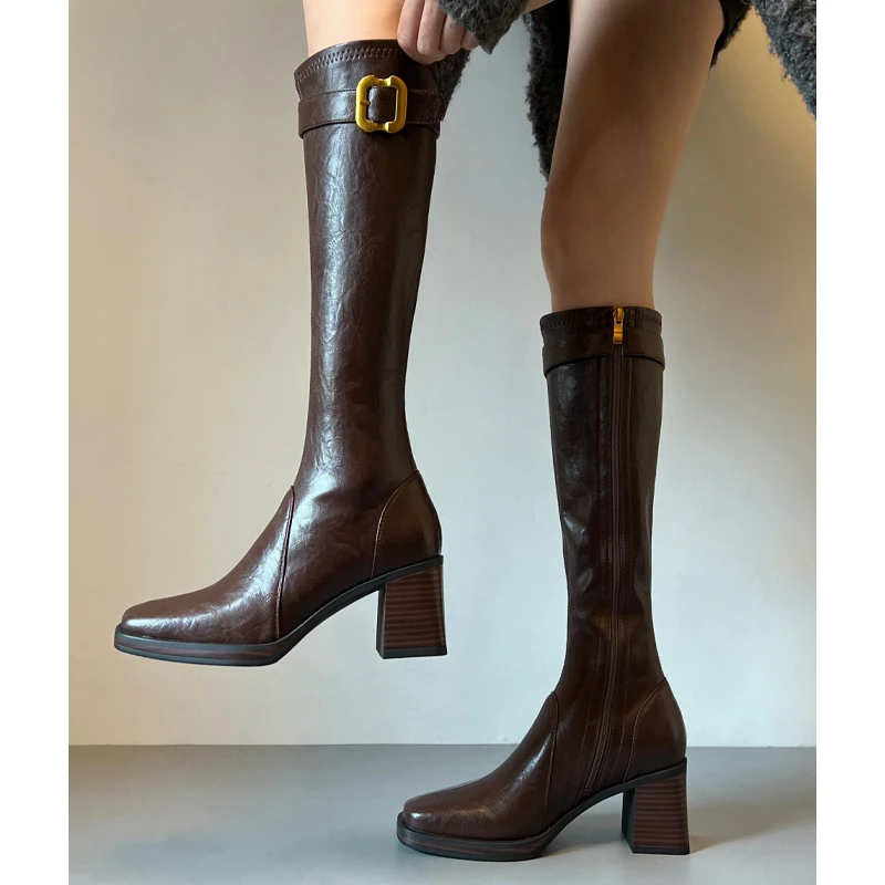 辣妹风高跟长筒靴女2025新款皮带扣方头包腿瘦腿长靴子秋冬骑士靴