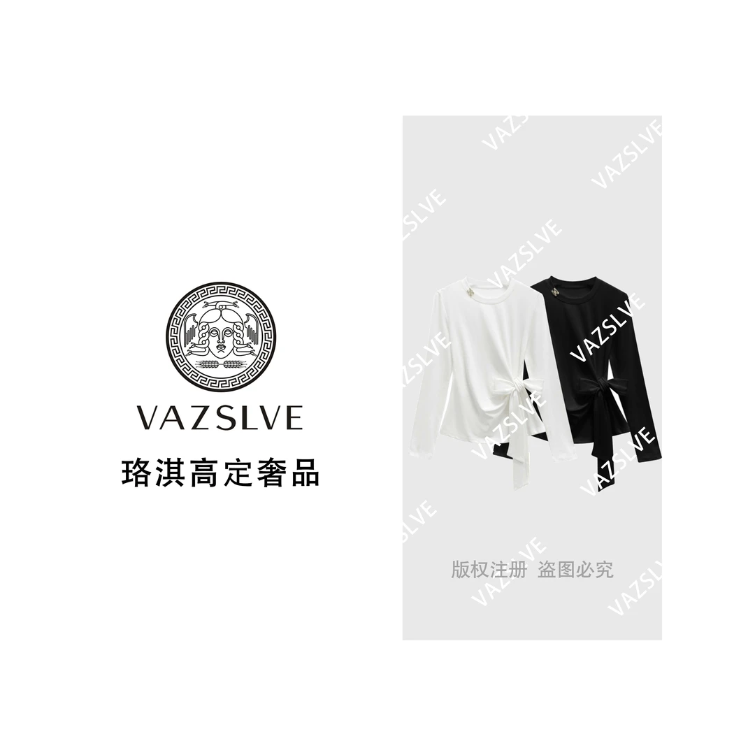 【VASLVE/珞淇高定】68250#不规则绑带长袖T恤衫2025秋时尚百搭上衣