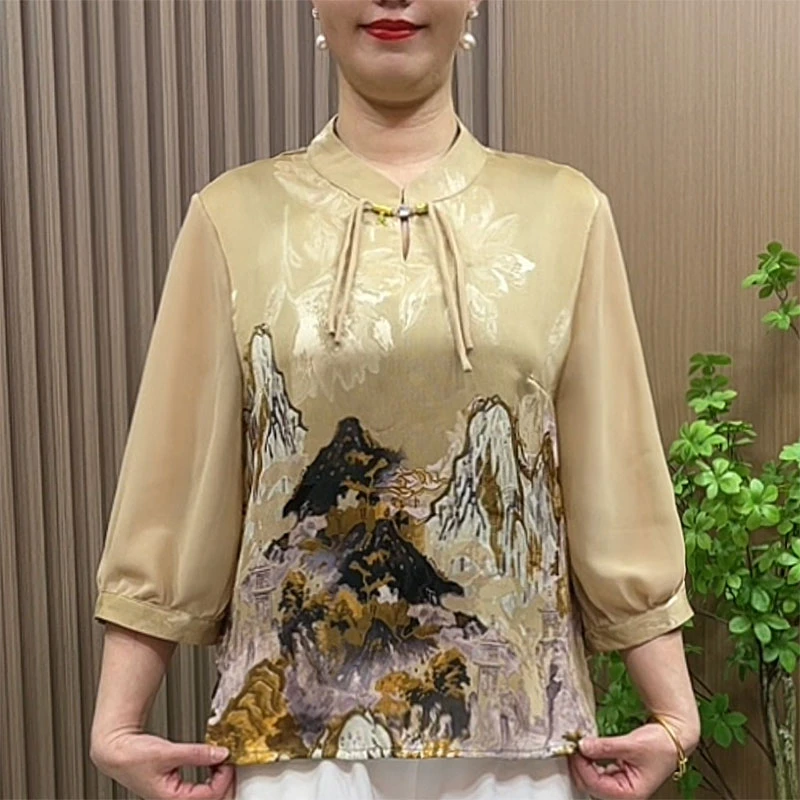 妈妈装夏季国风盘扣小衫2025新款中老年女装复古定位花气质上衣