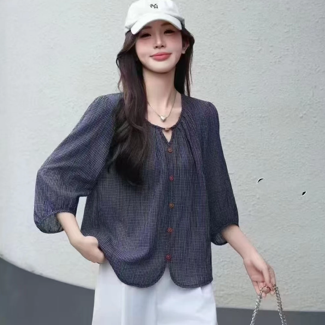 秋季新款圆领格子泡泡袖韩系宽松设计感女士衬衫