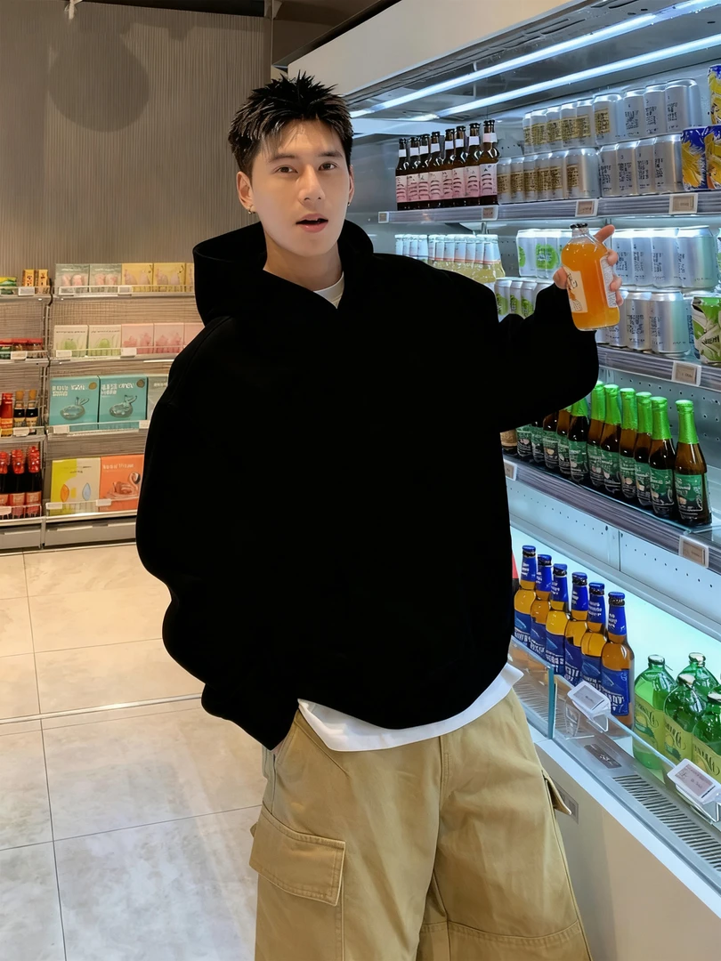 大码300斤纯色基础款黑色连帽卫衣男秋冬600g重磅棉加绒加厚外套