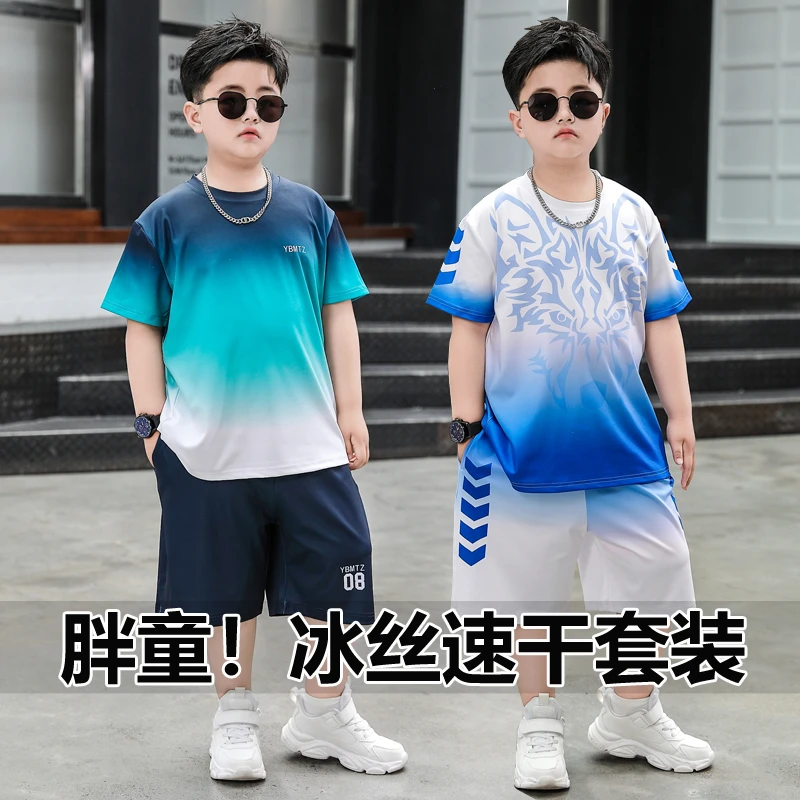 胖男童速干衣短袖套装夏季薄款中大童加肥加大7-15岁青少年运动服