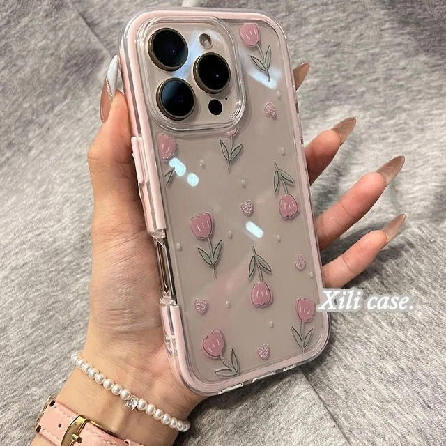 韩风粉色郁金香适用苹果16Promax新款15手机壳14大孔13女12保护套