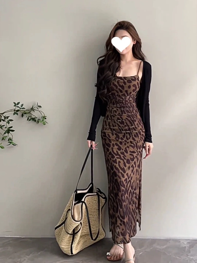 依依家大码女装3903性感豹纹包臀连衣裙外披分开拍女神穿搭
