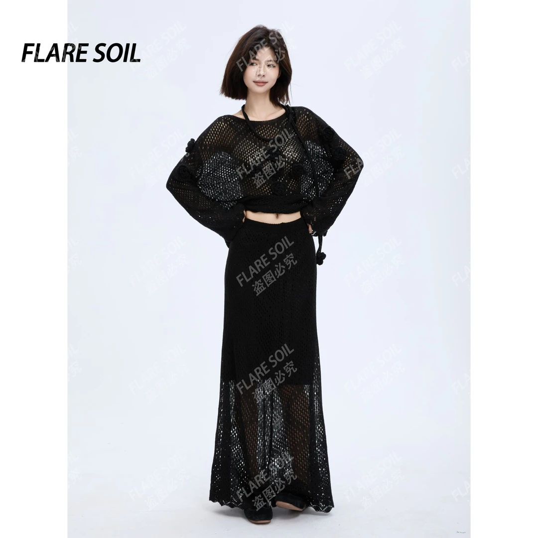 【FLARE SOIL】（现货）秋季圆领蕾丝套装显瘦性感毛针织衫 T4496AB