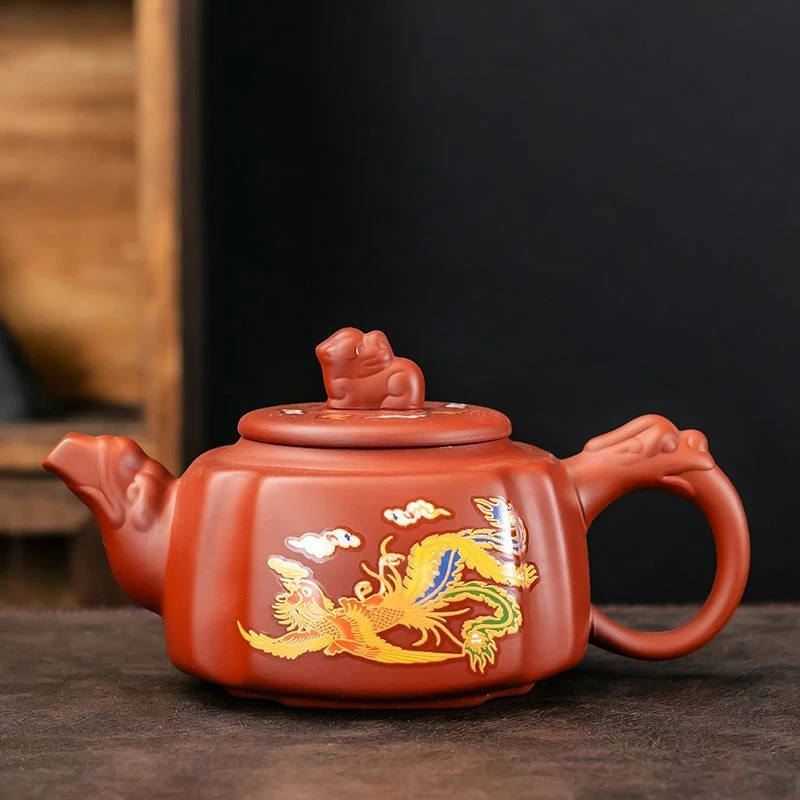 原矿朱泥紫砂遇热变色貔貅壶内置球状滤孔大容量四方壶家用泡茶器