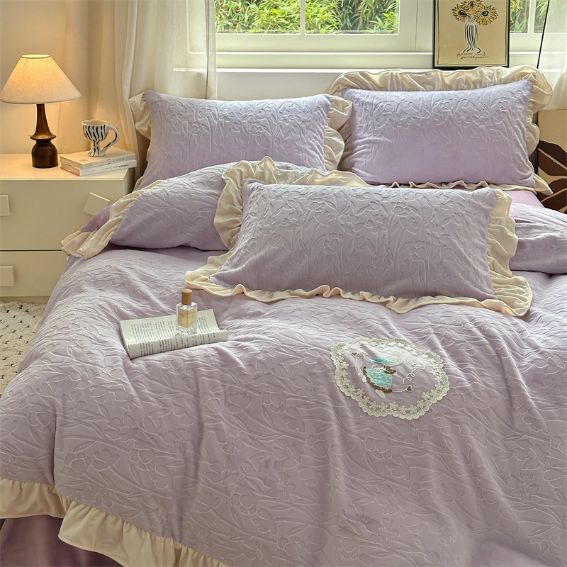 秋冬季韩式花边提花珊瑚牛奶绒床上四件套被套加厚加绒床单床笠款