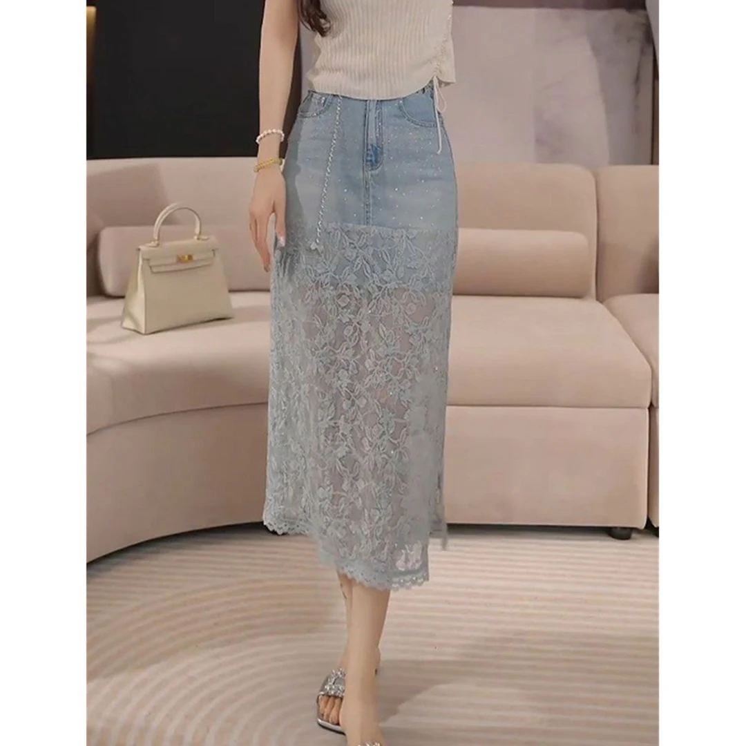韩系烫钻蕾丝拼接牛仔半身裙女2025夏季新款小众高腰中长款a字裙