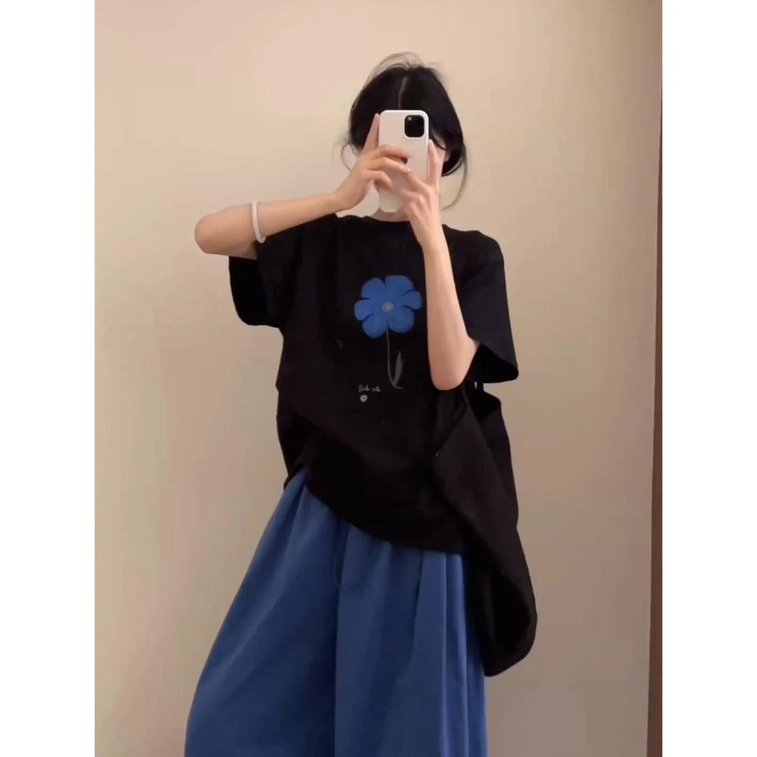 韩版花朵短袖T恤阔腿休闲裤套装女夏季新款简约气质慵懒风两件套
