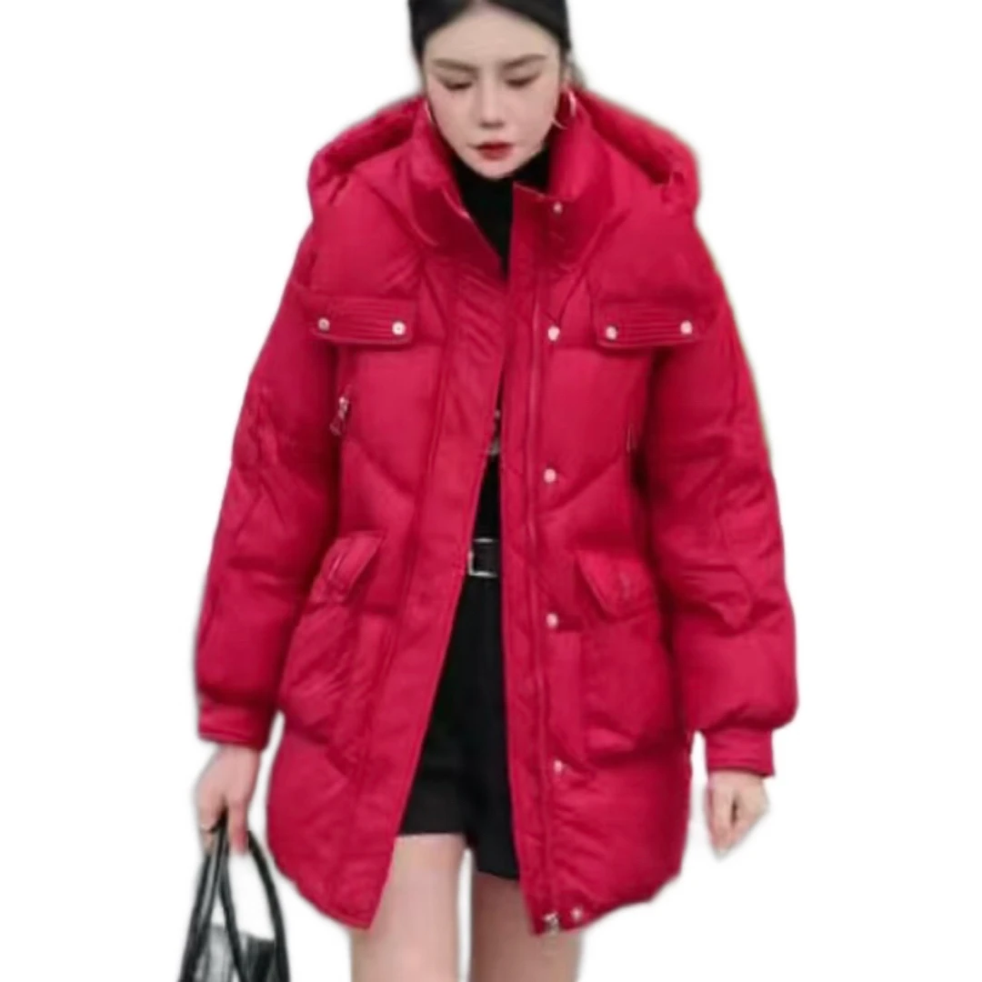 H8838冬季连帽潮流时尚宽松减龄设计师中长款90白鸭绒羽绒服80长