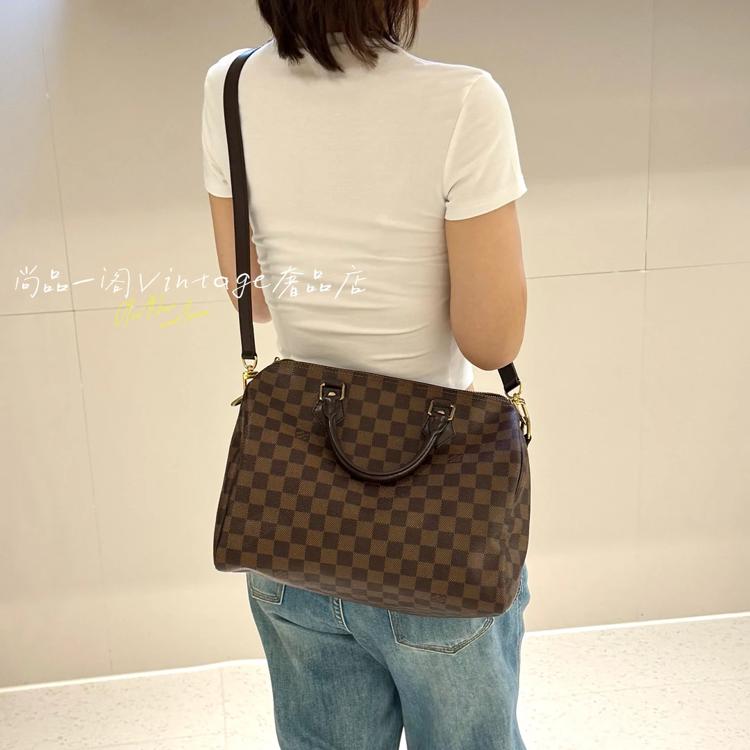 95新 LouisVuitton/路易威登 尚品一阁/咖啡格speedy30斜挎包