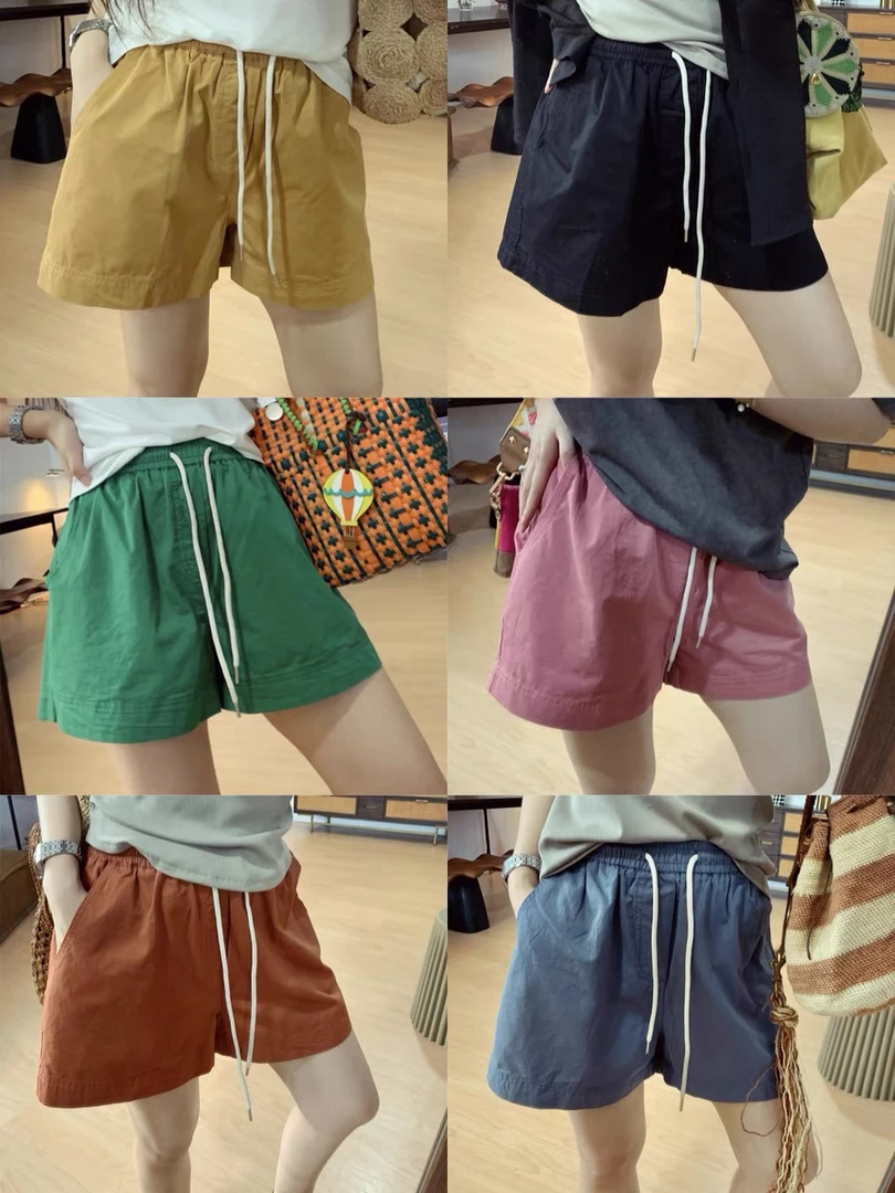 【100棉】多巴胺糖果色松紧腰系带显瘦短裤女夏季宽松薄款阔腿裤