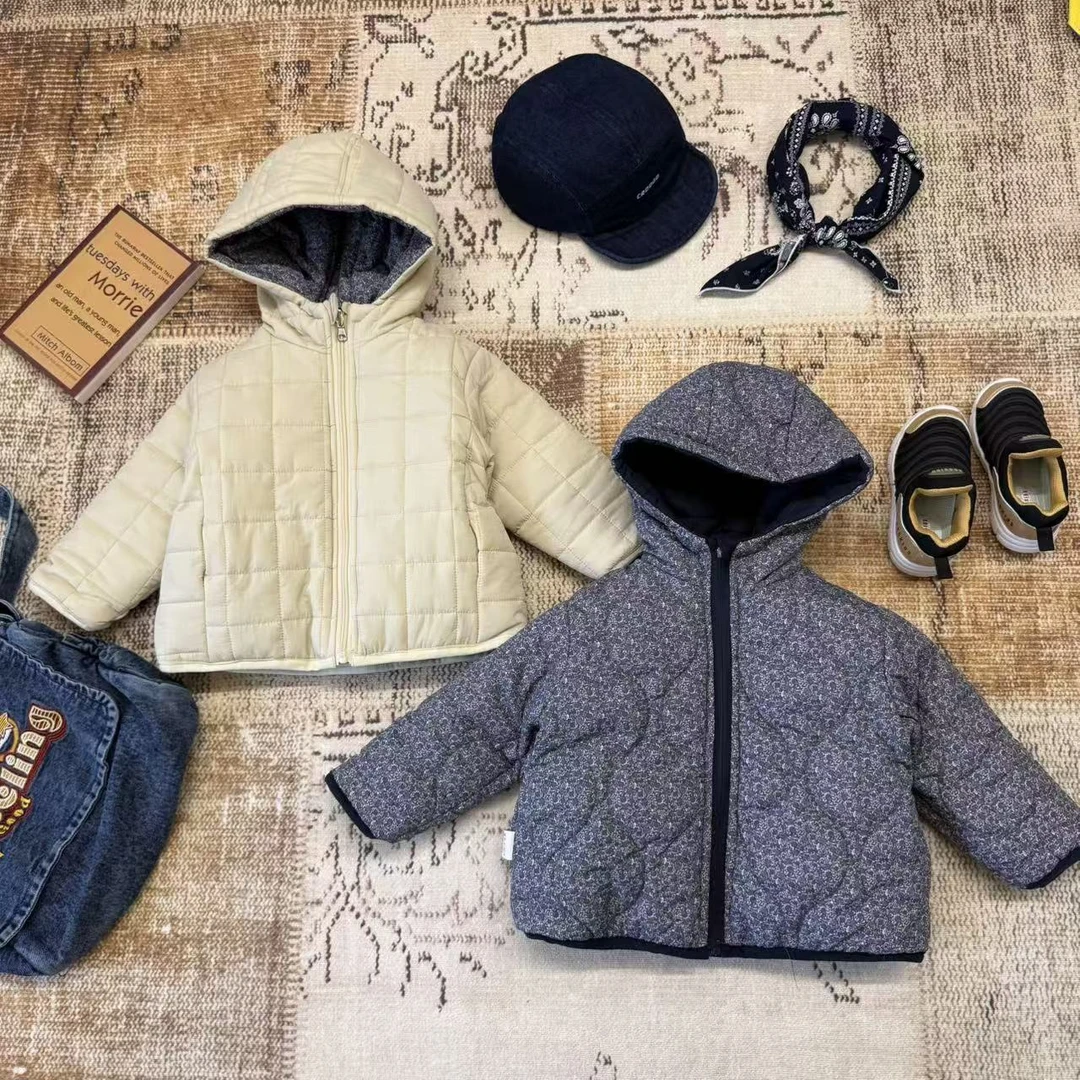 儿童秋冬格子花布两面穿连帽外套H2515