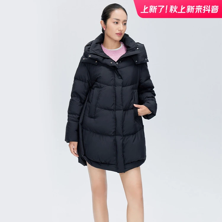 艾莱依冬季新款长款女款户外运动时尚百搭连帽保暖外套1476