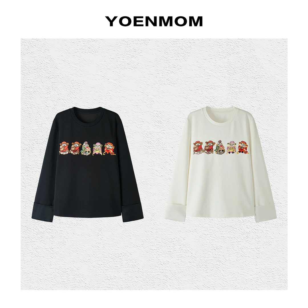 YOENMOM·五路财神·莫代尔棉精致刺绣拼袖轻国风T恤
