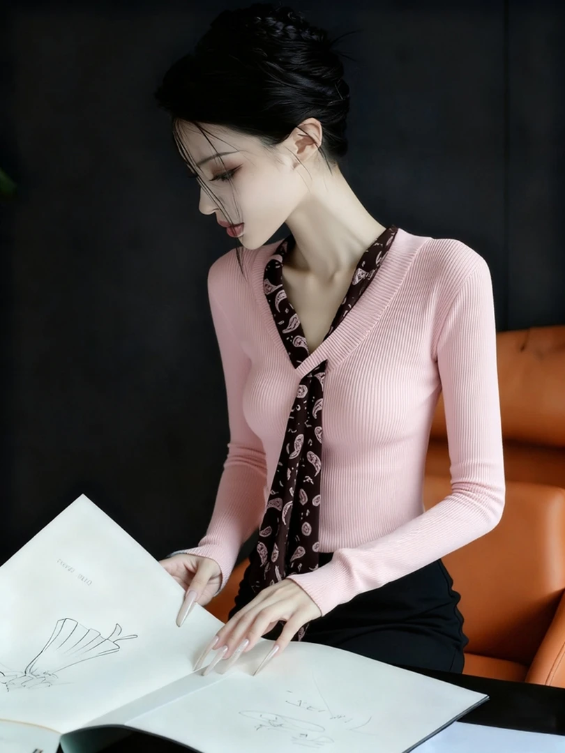 针织衫女冬季高端独特漂亮巨好看内搭打底假两件粉色丝巾绑带毛衣