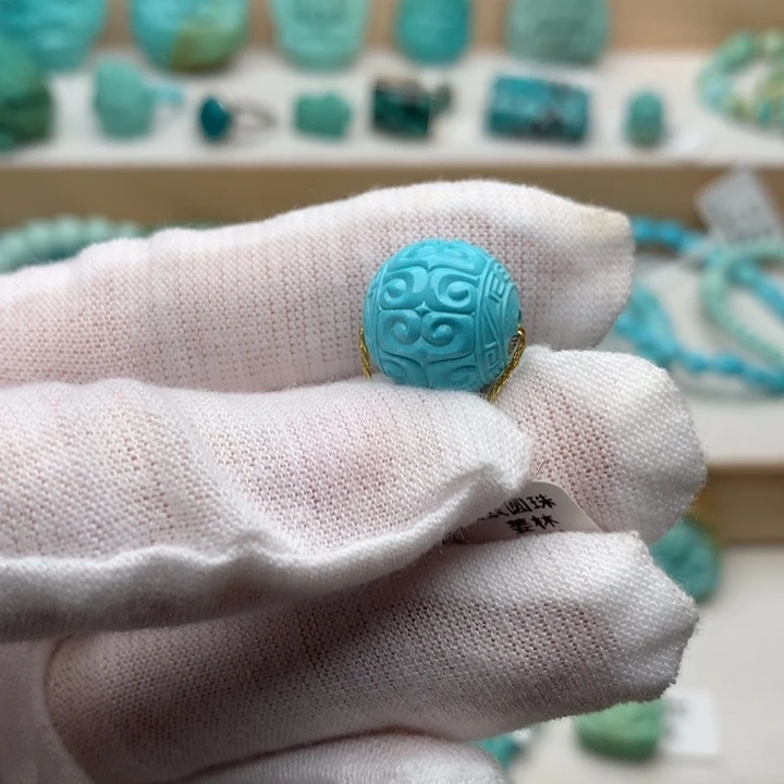 绿松石未镶嵌珠宝奇石高瓷蓝回纹圆珠13.8mm