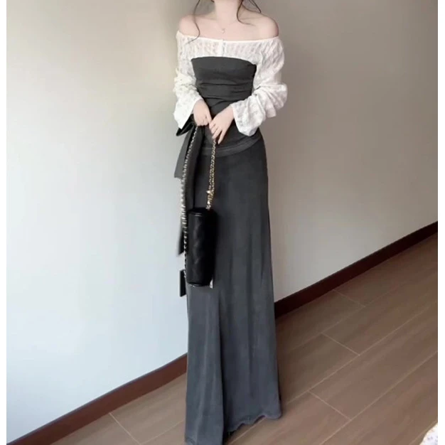 蕾丝假两件一字肩长袖T恤女2025春季小众设计感收腰绑带灰色上衣
