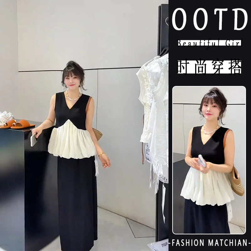 夏季新款法式气质黑白拼色荷叶边V领背心无袖上衣加半身裙两件套
