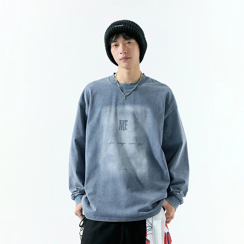 美式复古做旧水洗长袖T恤男秋季宽松潮流重磅嘻哈街头印花打底衫