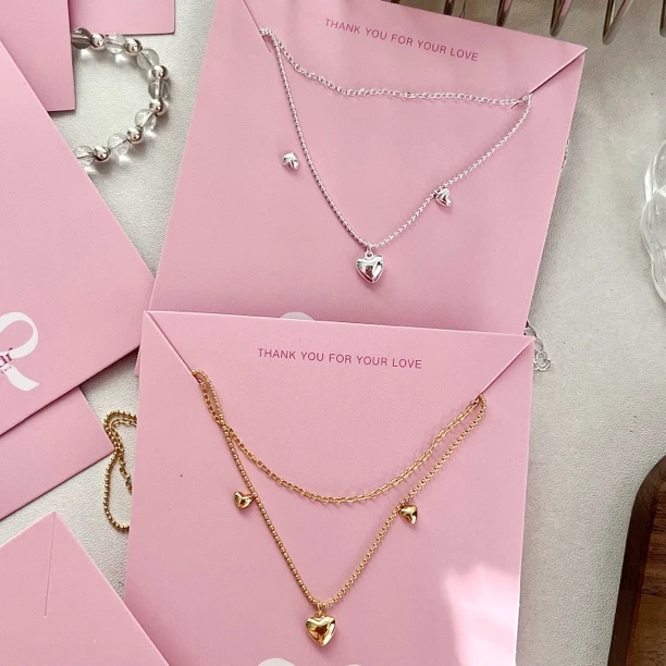 坠链均925银 韩版爱心双层项链纯银
