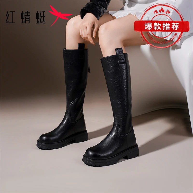 红蜻蜓爆款骑士靴女2025秋冬新款侧拉链长靴厚底不过膝高筒长筒靴
