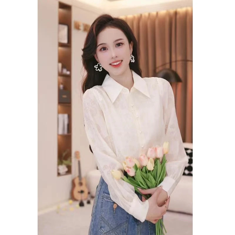 气质轻熟翻领长袖衬衫女春季新款设计感宽松上衣