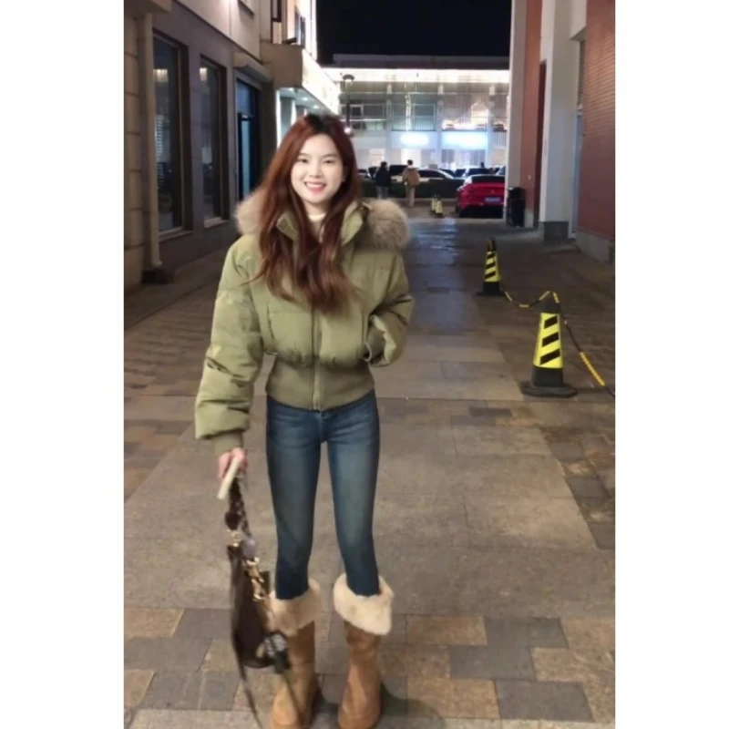 MARIE.COCO新款美式毛绒翻领收腰保暖棉服外套秋冬修身显瘦牛仔裤