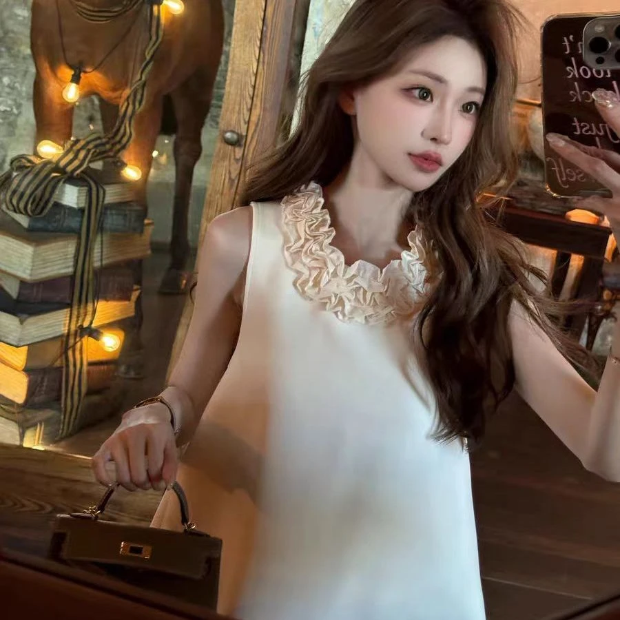 夏季立体花边无袖重工背心连衣裙裙子气质宽松