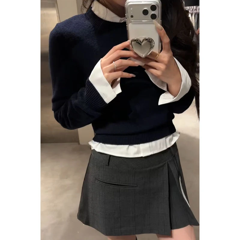 秋冬时尚套装休闲百搭白色打底衫洋气小众圆领长袖上衣高腰半身裙