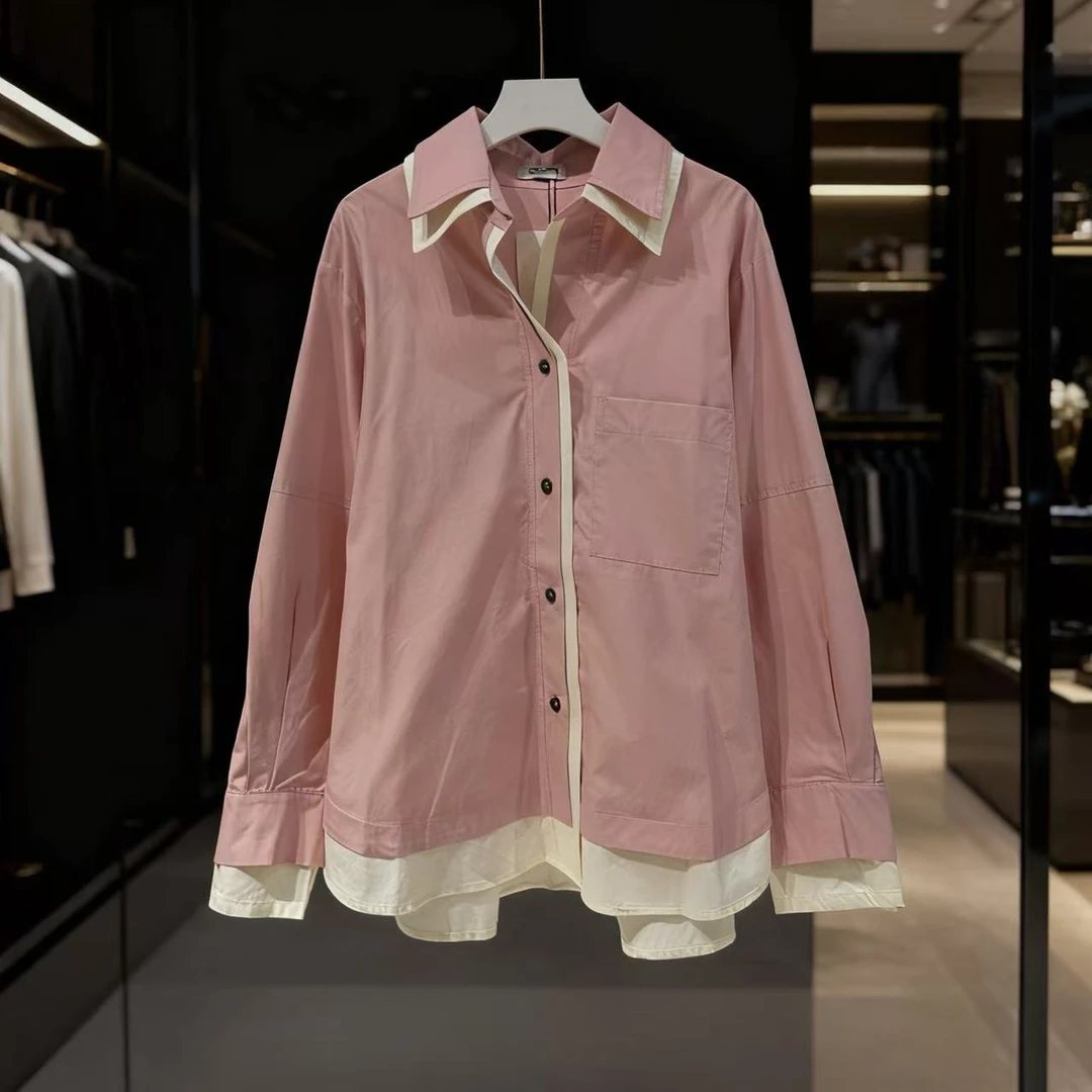 胸128长71清新假两件撞色层次感长袖单排扣衬衫上衣 3917