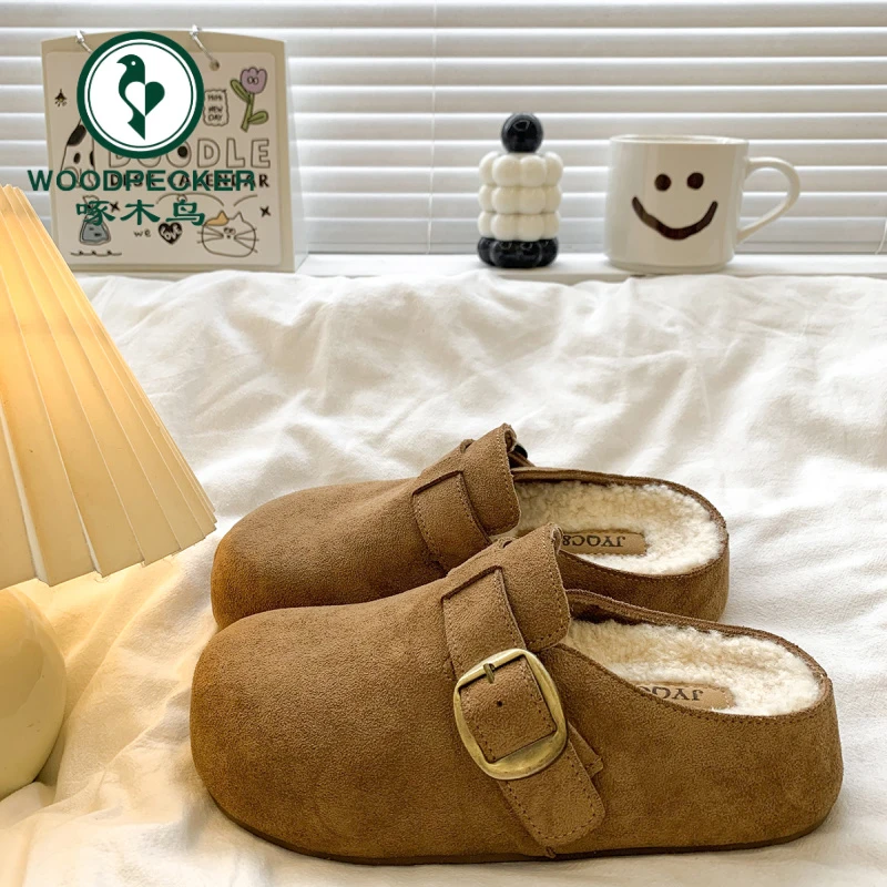 啄木鸟厚底内增高加绒包头半拖鞋女外穿2025新款秋冬复古毛毛棉拖