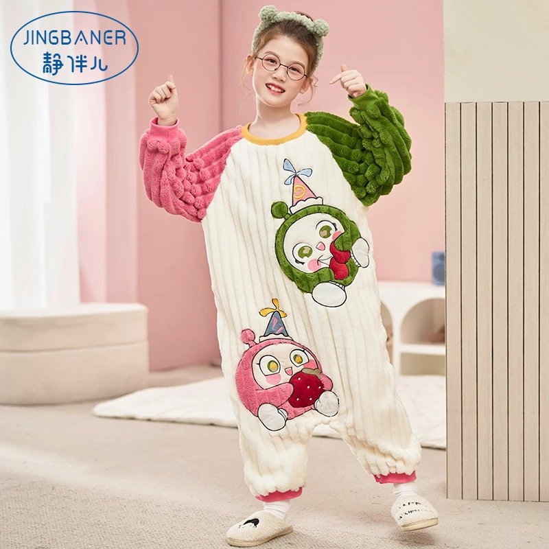 儿童连体法兰绒睡衣秋冬季加厚婴儿宝宝睡袋女童卡通珊瑚绒防踢被
