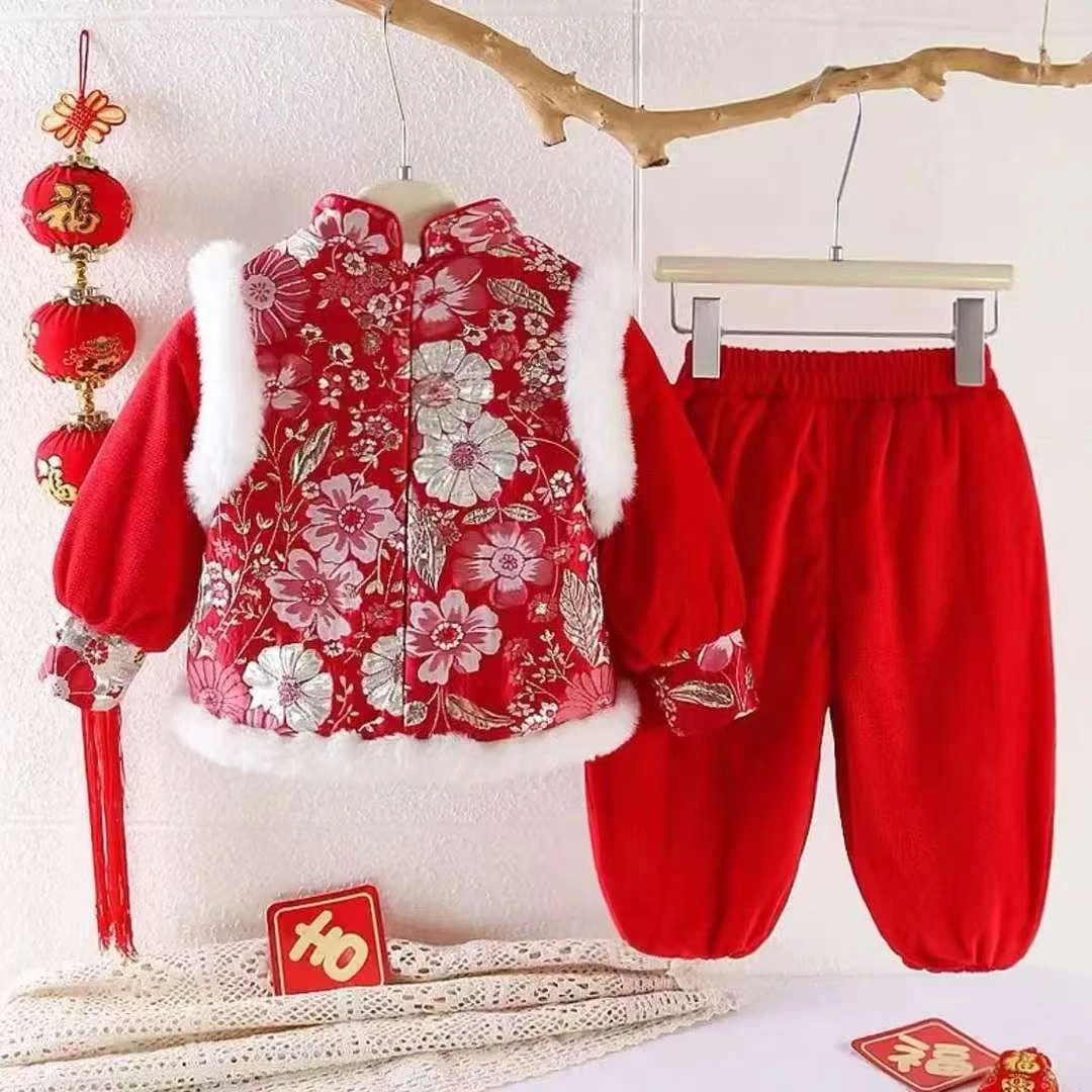 繁花似锦套装2024女童冬季加绒加厚新中式唐装节日喜庆拜年服套装