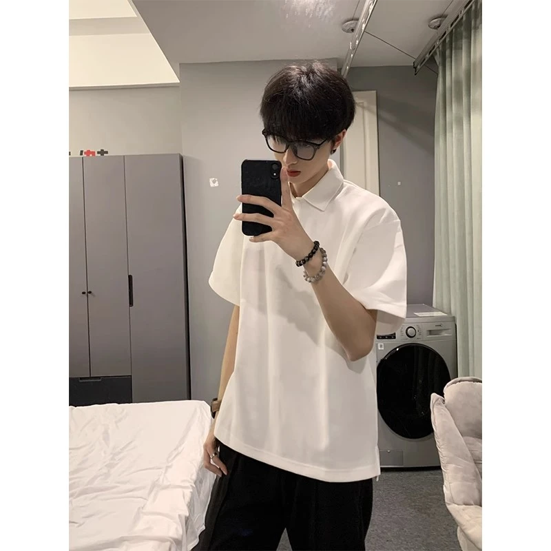 300g重磅POLO衫男夏季复古美式翻领半袖衬衣高级感痞帅白色短袖潮