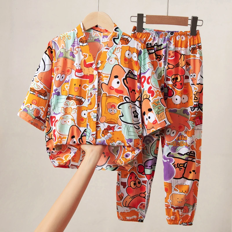 夏季棉绸睡衣七分袖薄款家居服宝宝男童女童空调儿童睡衣夏季薄款