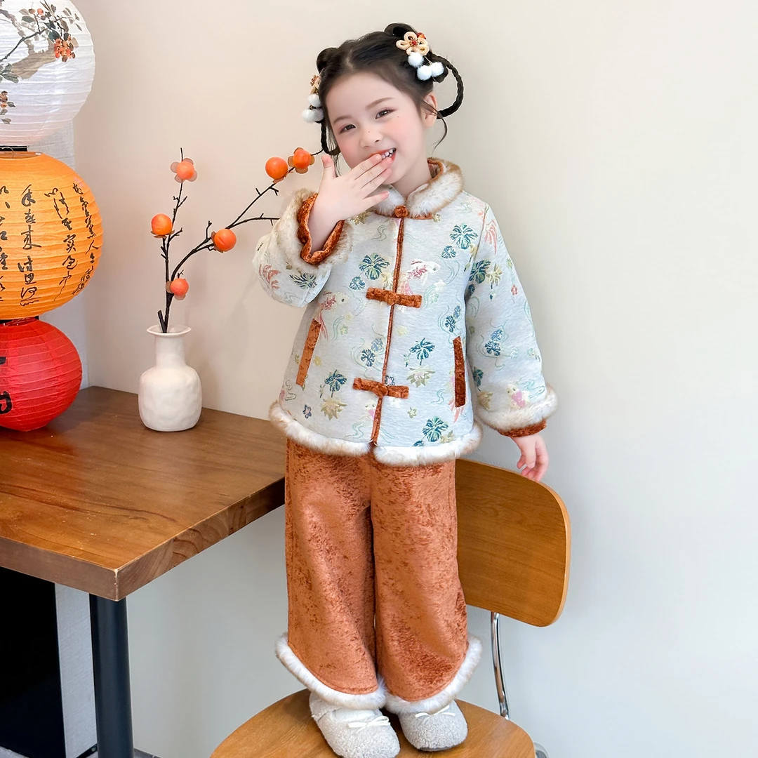 女童加绒拜年服套装冬季儿童加厚中国风唐装女宝宝新中式汉服冬装