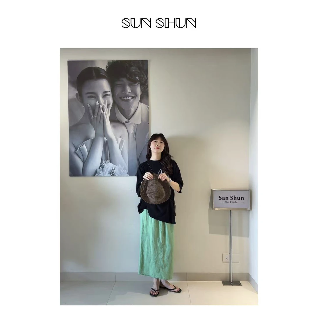 Sanshun-  (鲜明的态度ｐlus）-盛夏麻半裙气质时尚松紧腰半身裙显