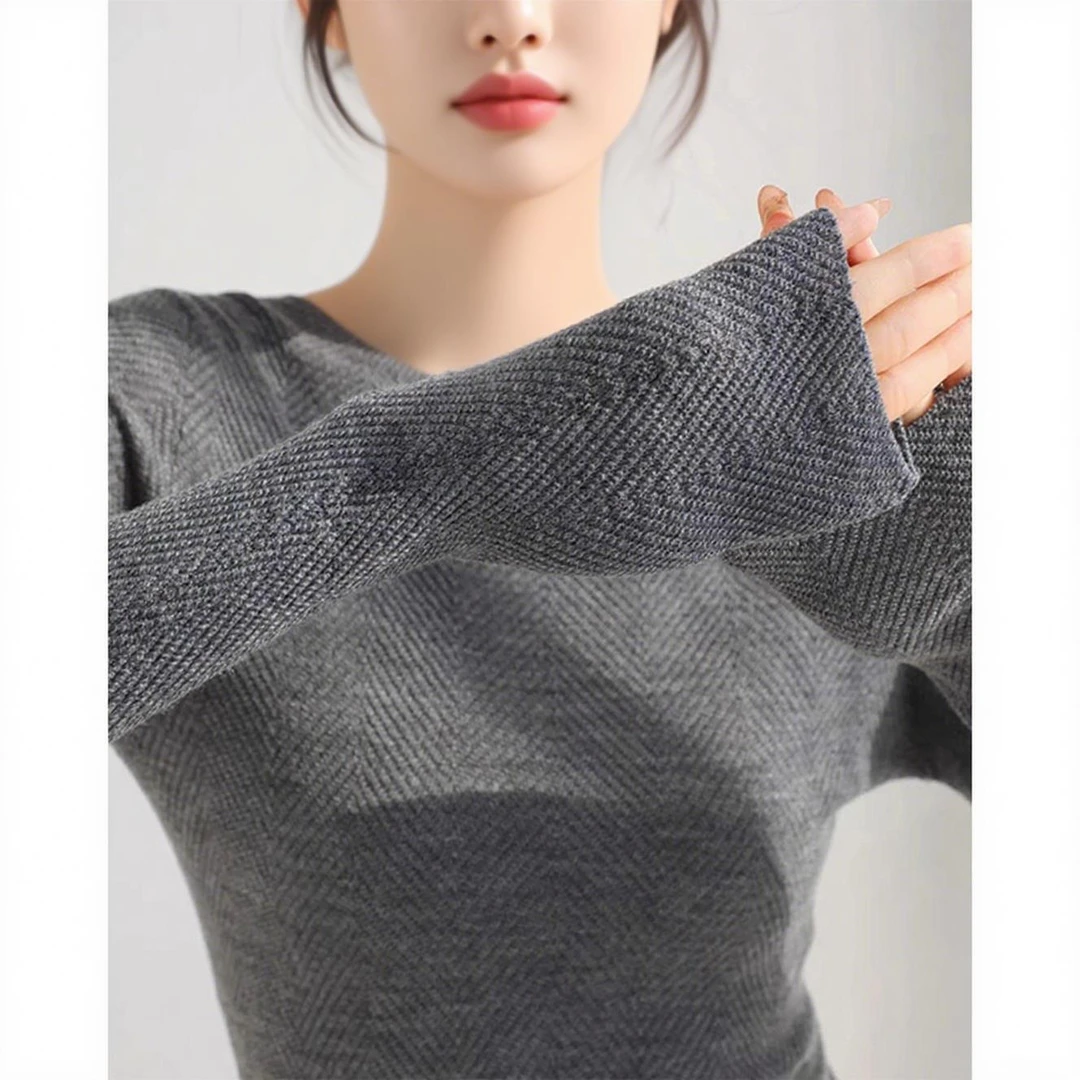 法式灰色高级感圆领长袖针织t恤女秋季巨好看修身别致打底衫上衣