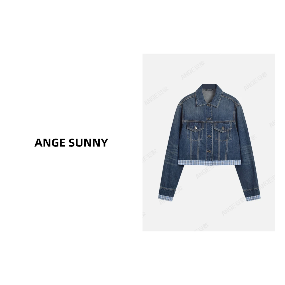 ANGE SUNNY【格纹拼接牛仔外套】丹宁风时尚衬衫领假两件夹克