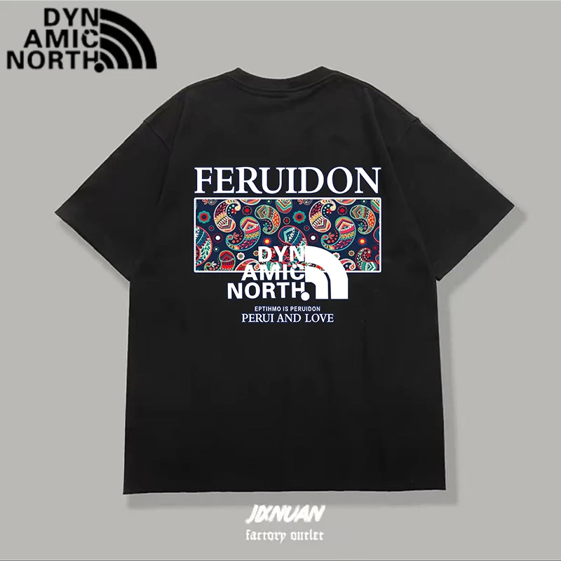 动感北面纯棉短袖T恤宽松百搭休闲腰果花印花卡通动漫圆领上衣潮