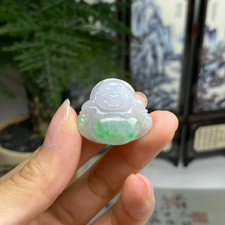 冰飘阳绿紫底春彩笑佛花件吊坠 天然翡翠A货