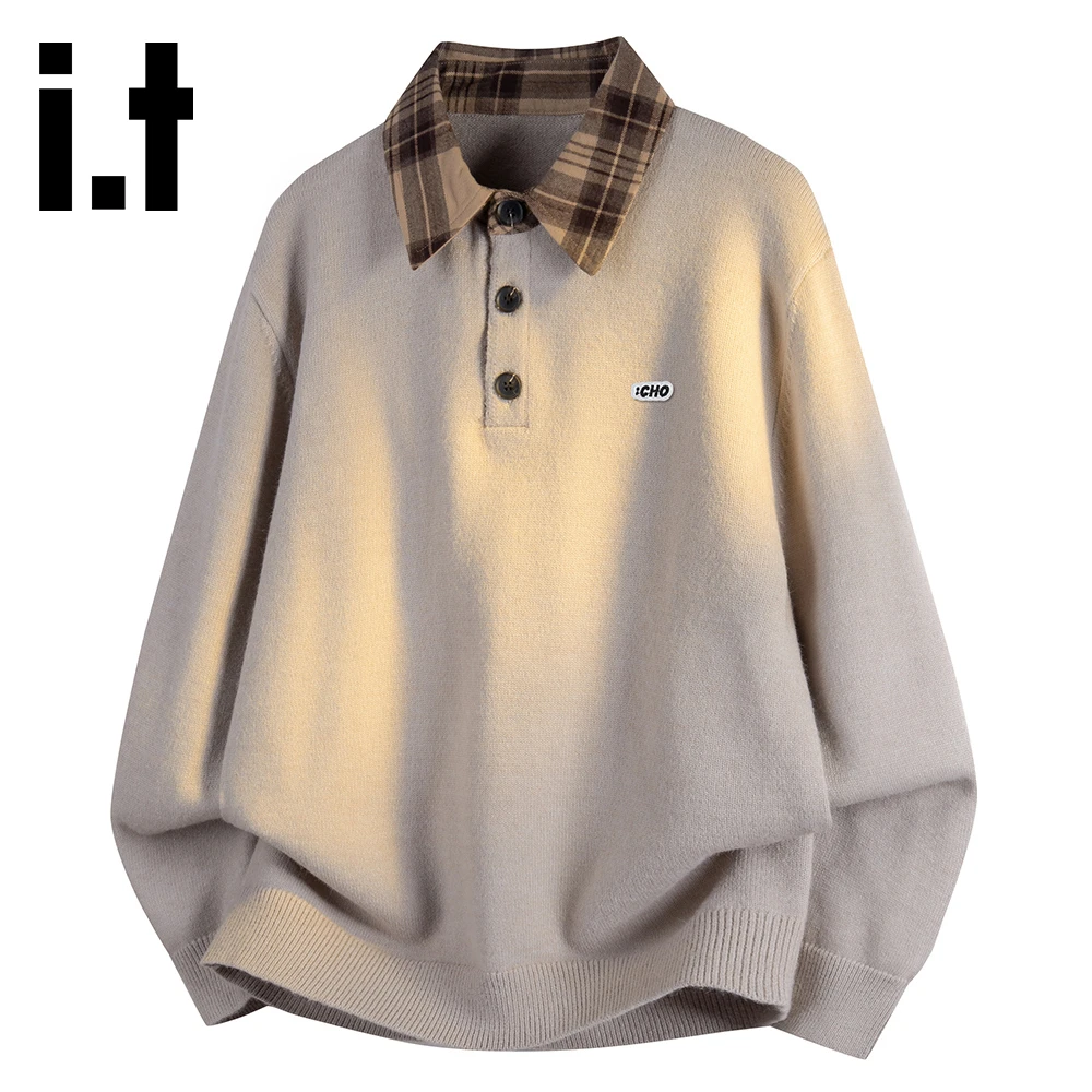 it:CHOCOOLATE异色翻领针织毛衣男士秋冬厚款保暖休闲慵懒风上衣