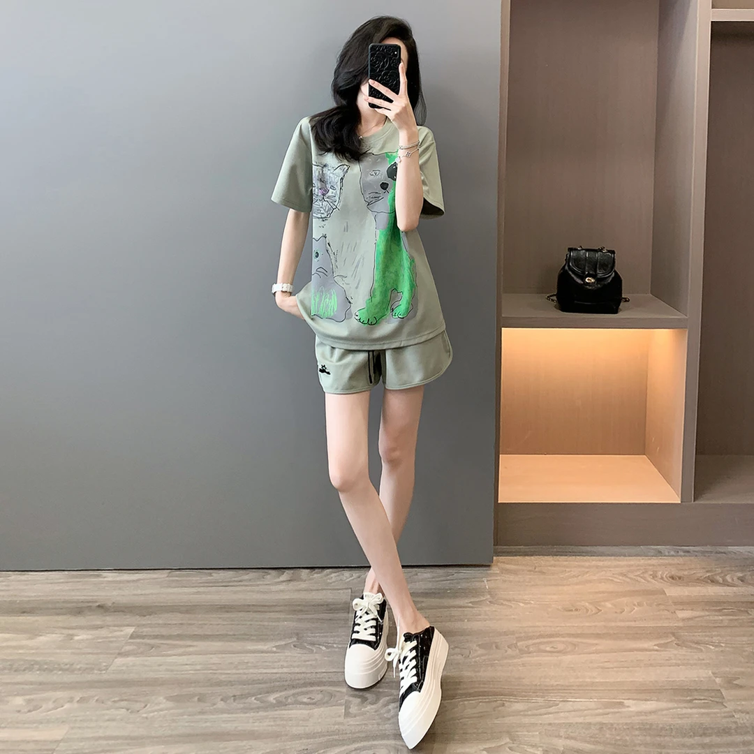 夏季新款韩版潮牌时尚休闲运动套装印花t恤短裤宽松显瘦减龄女