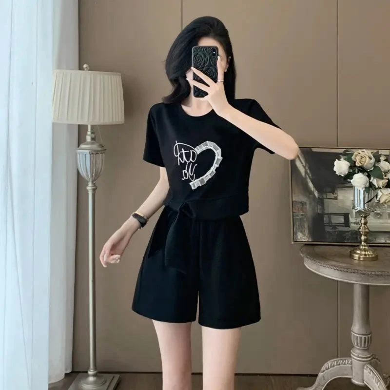 欧美外贸时尚套装女洋气减龄显瘦蝴蝶结短袖上衣半身裙两件套夏季